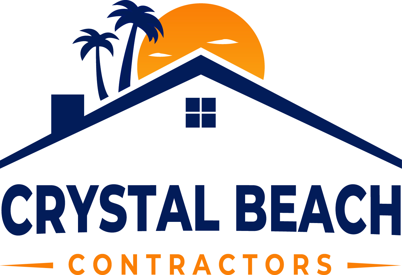 Logo with home roofline with the words Crystal Beach Contractors below and a sun and palm trees above.